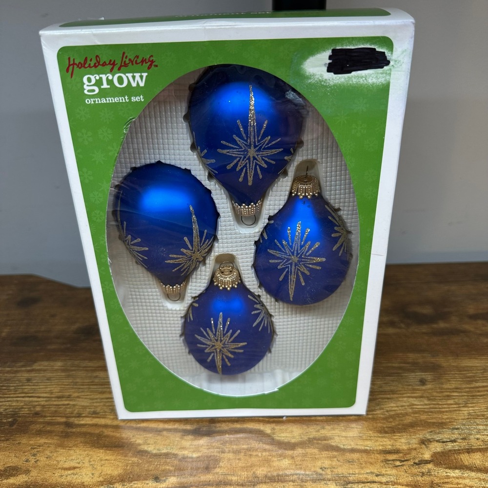 Holiday Living Grow Blue Glass Teardrop Christmas Ornaments Gold Glitter 4 Pack